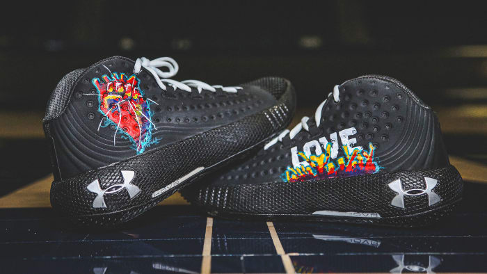 Shoes painted by Kamika Perry for Notre Dame